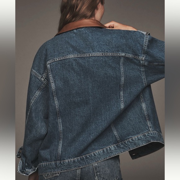 Anthropologie Pilcro Weston Faux-Leather Collar Denim Boyfriend Jacket Medium - Picture 3 of 10